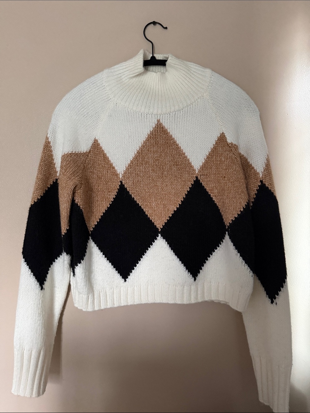 Express Cream Argyle Turtleneck Sweater with Tan & Black Diamonds